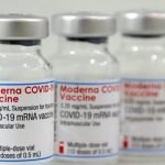 Three vials of the Moderna COVID-19 vaccine are pictured in a new coronavirus, COVID-19, vaccination center at the Velodrome-Stadium in Berlin, Germany, on Feb. 17, 2021. (The Canadian Press/AP/Michael Sohn, pool)