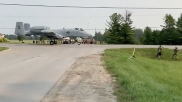 A Michigan National Guard A-10 prepares to take off from local highway M-32 during a training exercise on Thursday August 5. (Screenshot via Twitter / Michigan State Police)