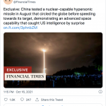 China launched a new hypersonic nuclear-capable missile that circled the entire globe at low-orbit in August