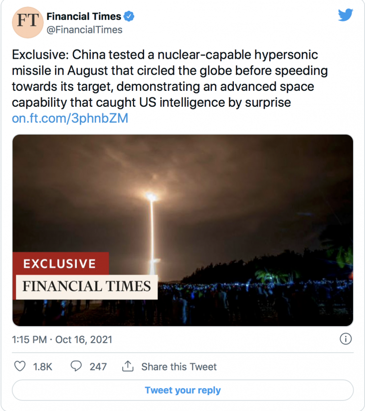 China launched a new hypersonic nuclear-capable missile that circled the entire globe at low-orbit in August