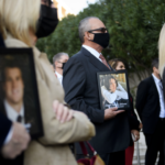Jaime Puerta holds a portrait of his son Daniel Puerta-Johnson, who died in April 2020 at the age of 16 from a pill containing fentanyl, during a news conference outside the Roybal Federal Building in Los Angeles on February 24, 2021. Photo: Patrick T. Fallon/AFP via Getty Images