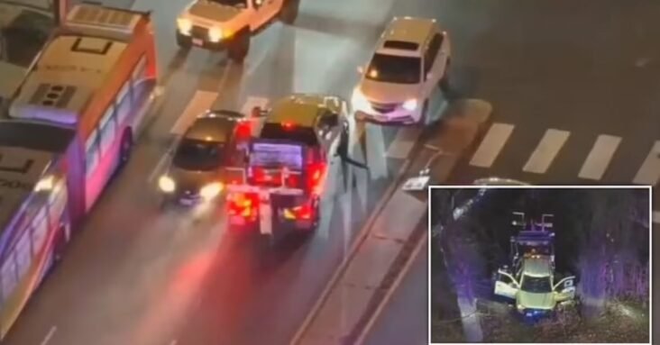 Shocking moment migrant in 'stolen state-owned tow truck' smashes into 13 cars and injures two cops in wild chase in Maryland